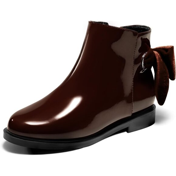 🆕Girls Dark Brown Faux Leather Ankle Bow Chunky Low Heel Side Zipper Dress Boot - Picture 7 of 9